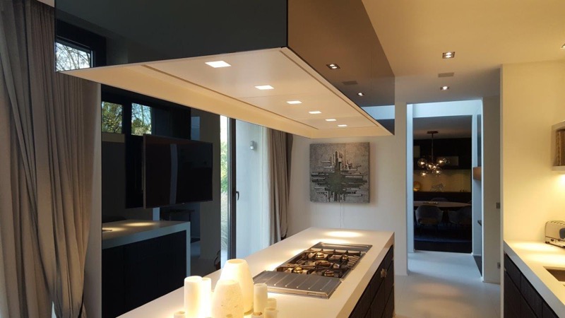 Kitchen with soraa lighting and tv on electric turning fixing on mirrors, Brussels